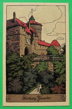 AK Nürnberg / 1910-20 / Litho / Frauentor Brücke Stadtmauer Turm Graben / Künstler Steinzeichnung Stein-Zeichnung / Monogramm L